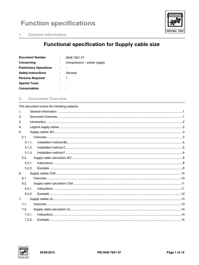 2946 7001 57 Functional Specification Supply Cable Size PDF Electrical Wiring Power