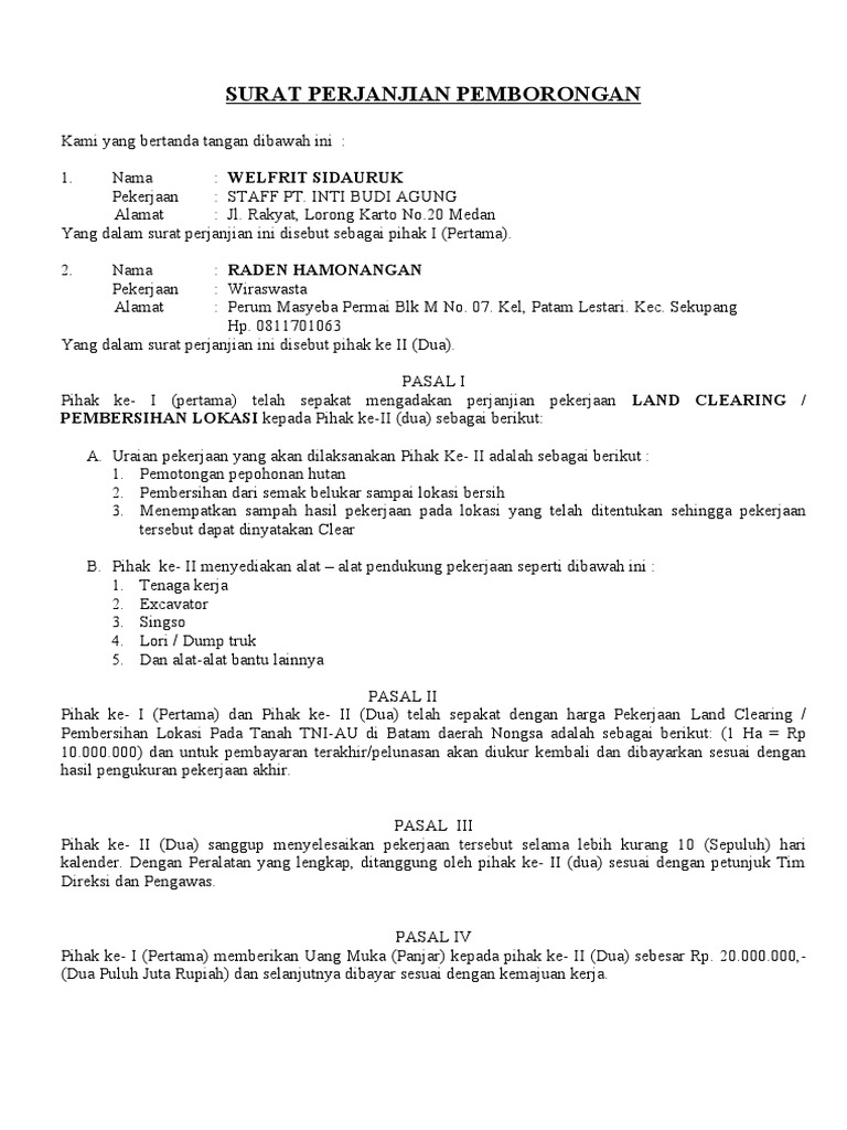 Surat Perjanjian Land Clearing Batam Pdf