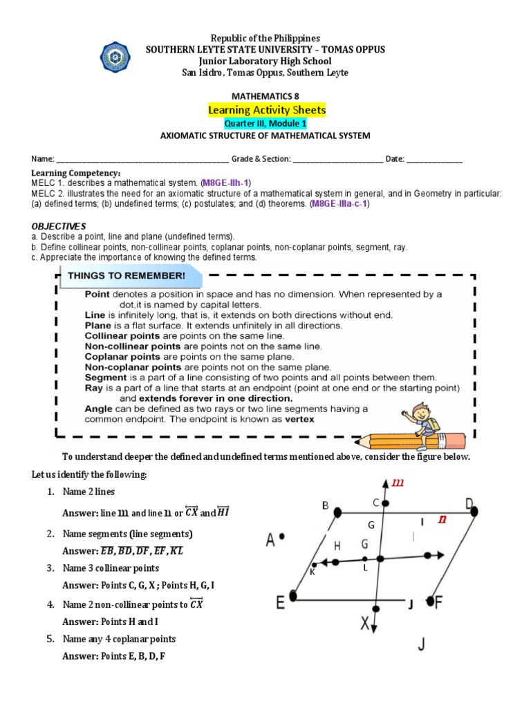 Axiomatic Structure in Math 8 Module 1 | PDF | Line (Geometry ...