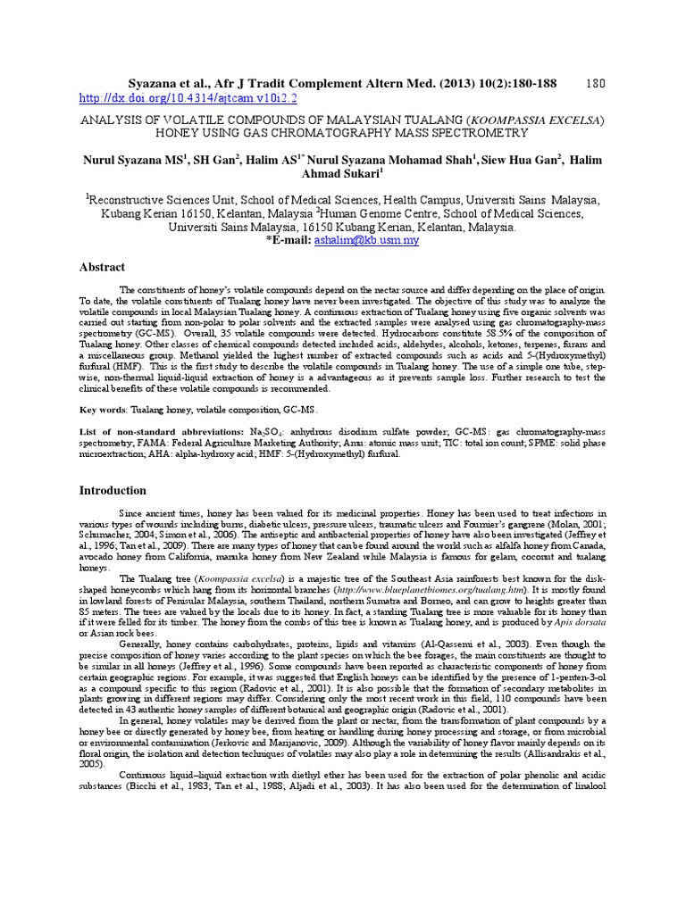 Analysis of Volatile Compounds of Malaysian Tualang (Koompassia Excelsa