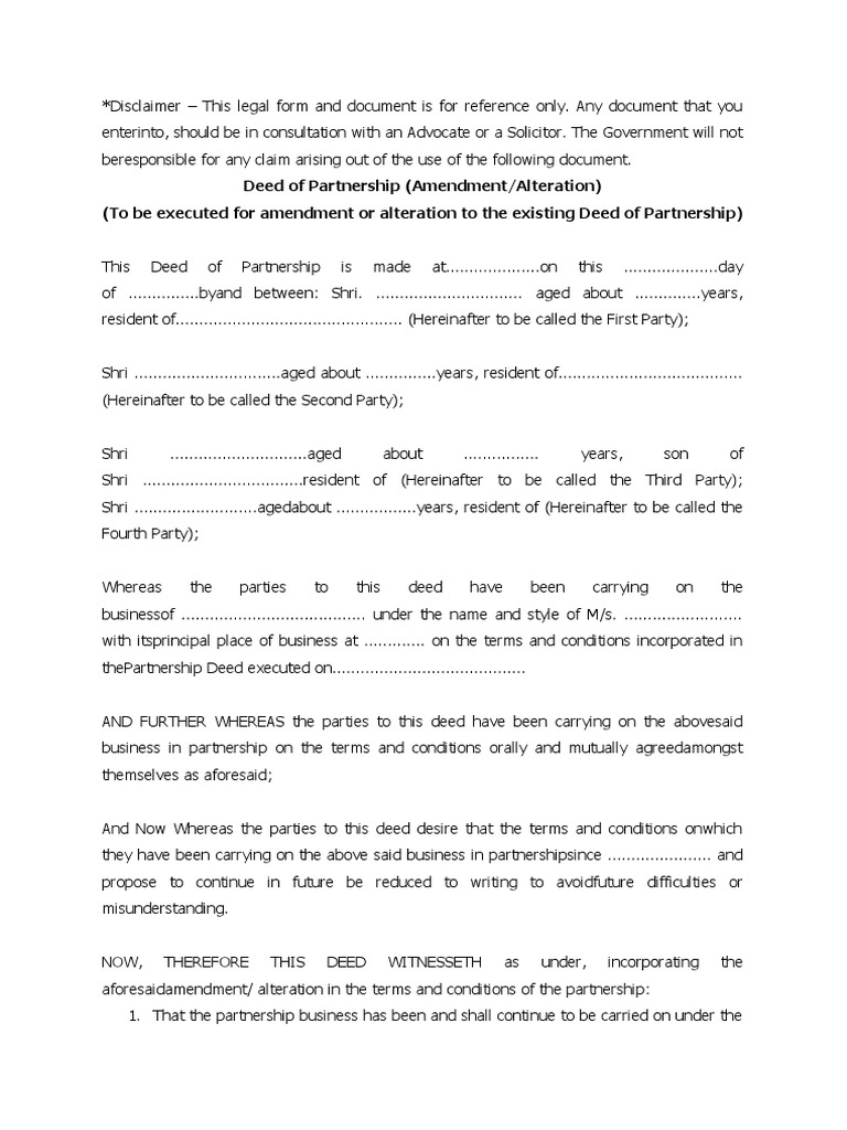 Amendment Deed for Partnership Agreement | PDF | Partnership ...