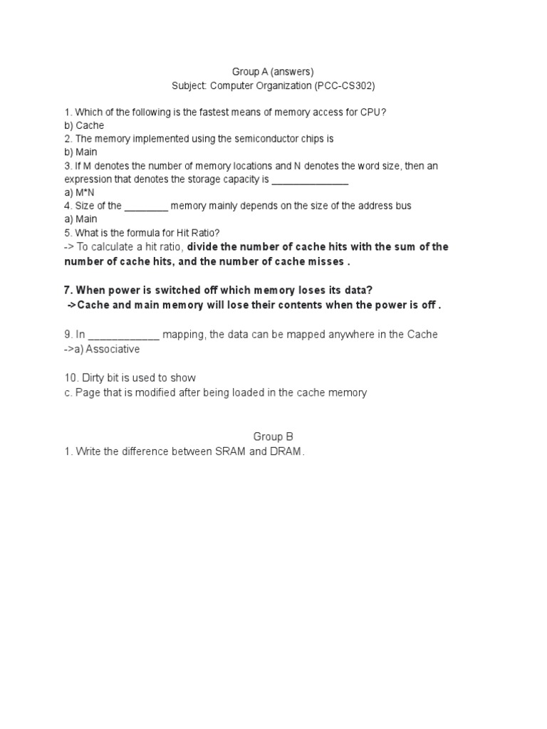 Computer organization answer pdf random access memory cache