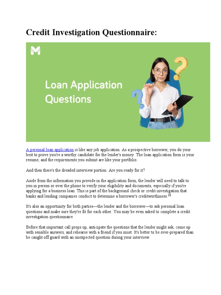 Credit Investigation Questionnaire PDF Loans Credit