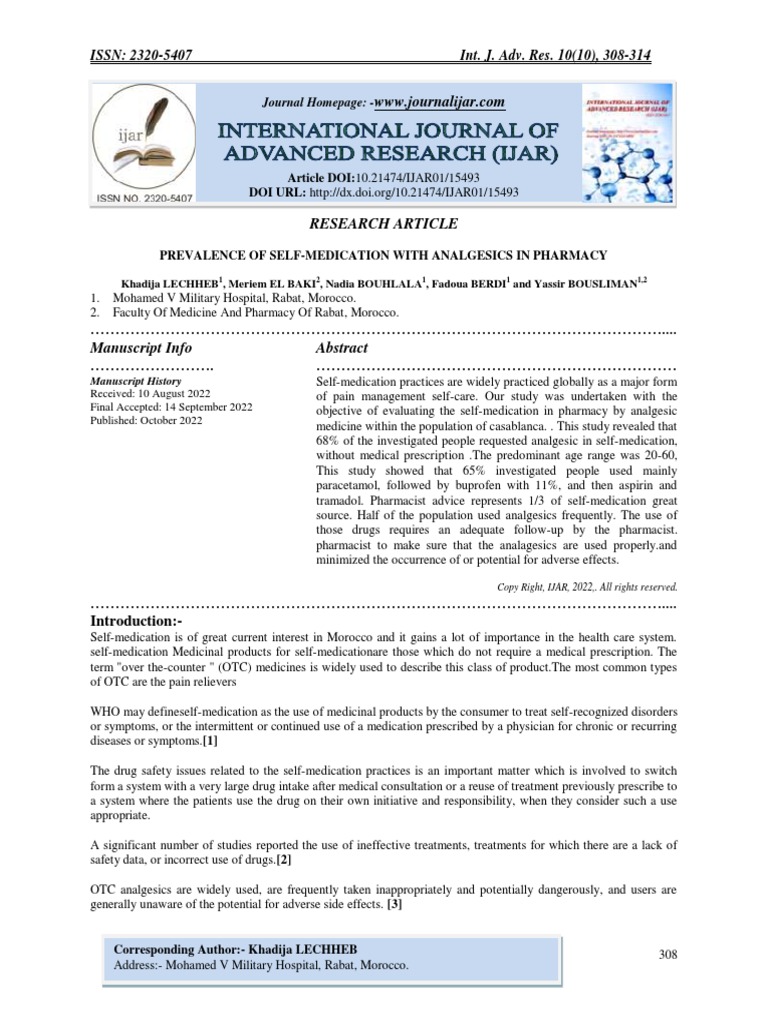 Prevalence of SelfMedication With Analgesics in Pharmacy Download