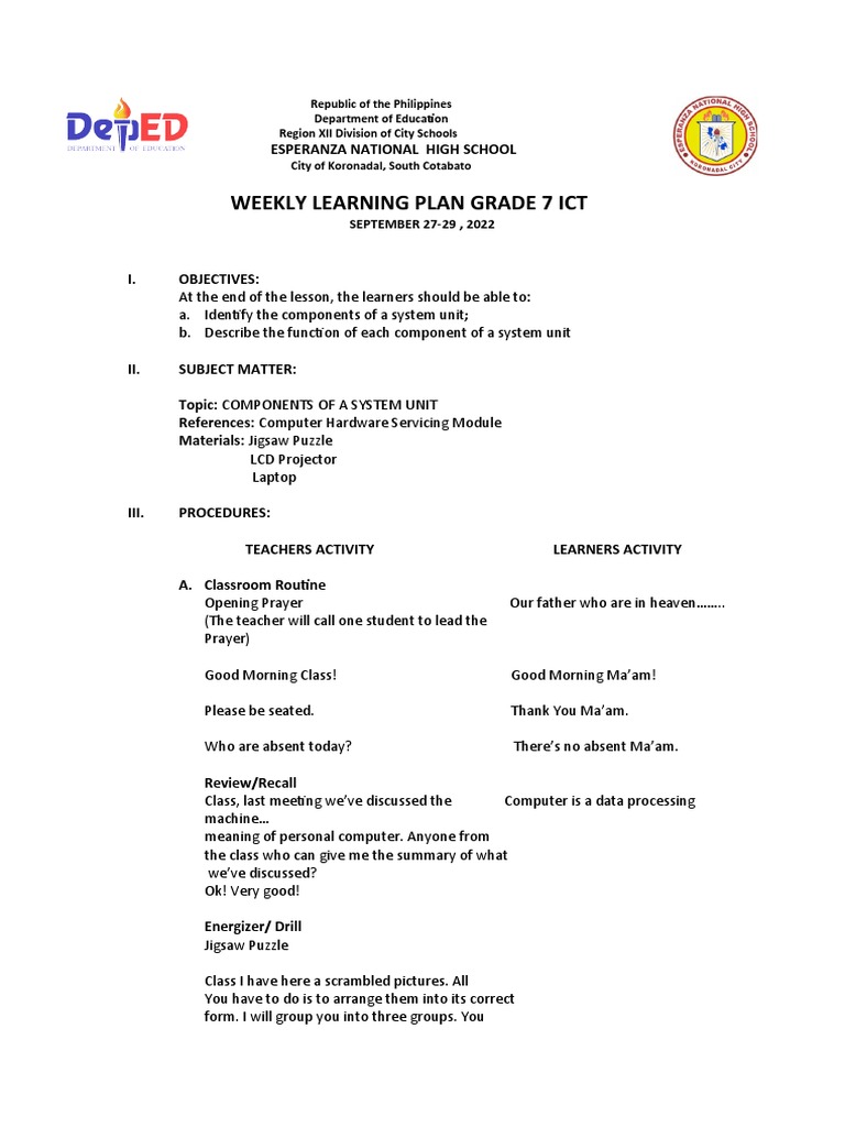 Grade 7 ICT Weekly Learning Plan | PDF | Computer Data Storage ...