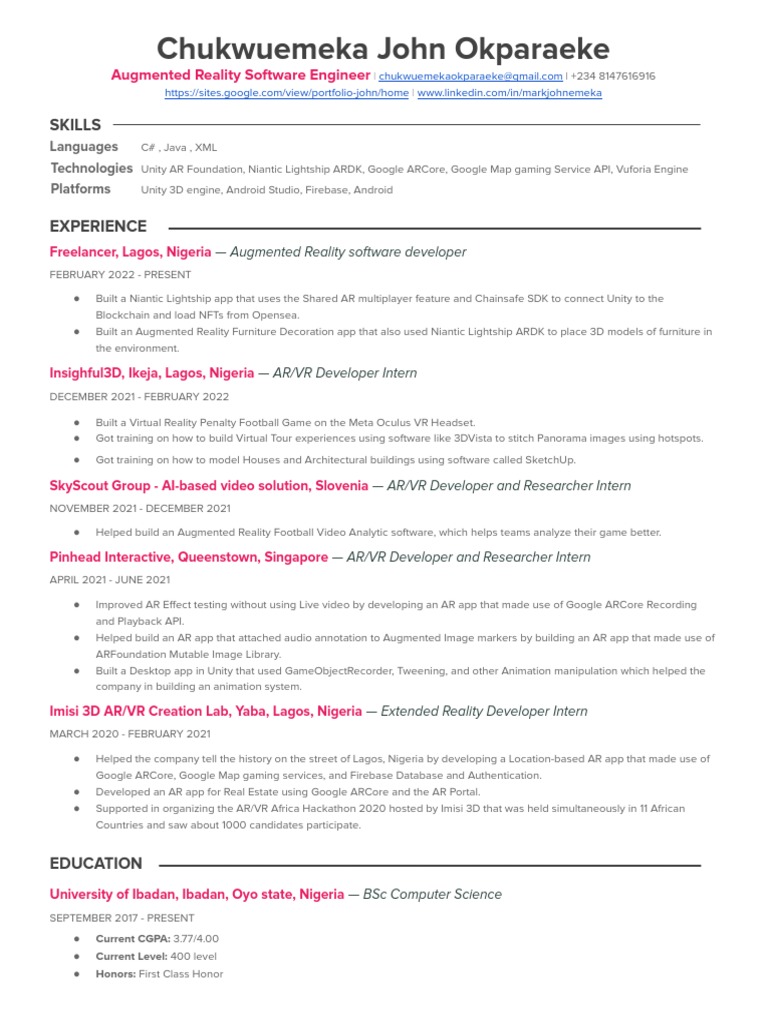 Resume Template For Augmented Reality (AR) Development Job PDF