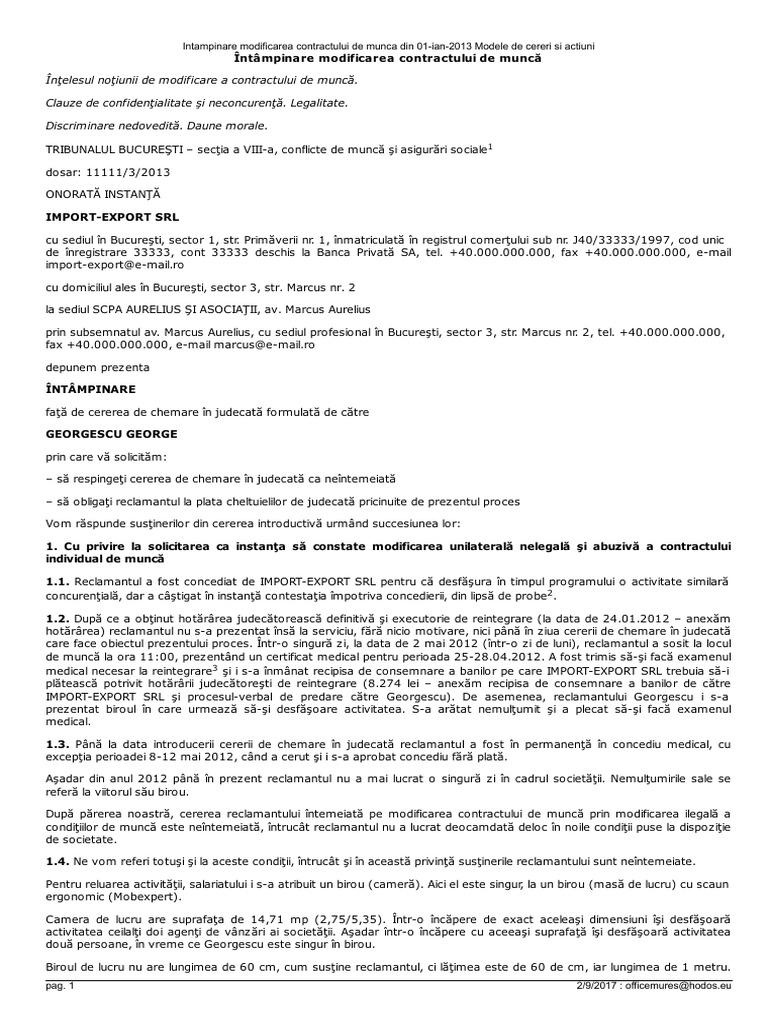Intampinare Modificarea Contractului de Munca Din 01 Ian 2013 Modele de ...
