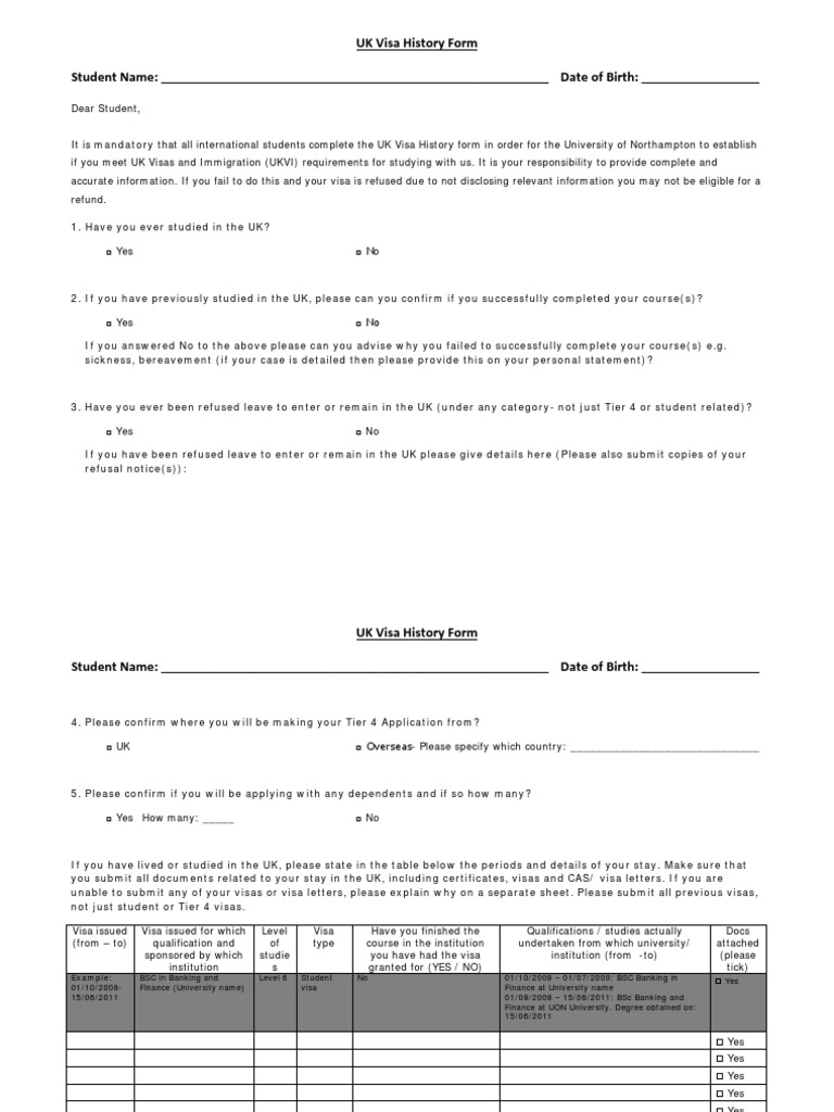 UK Visa History Form for Students | PDF | Travel Visa | Government
