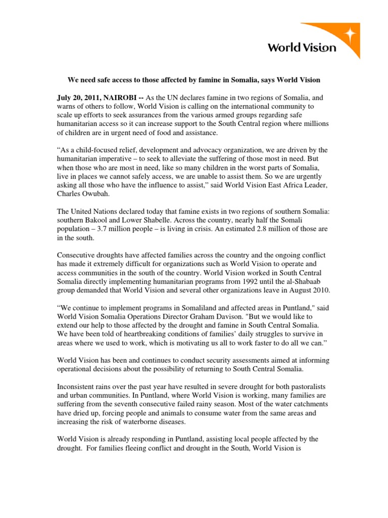Urgent Call for Aid in Somali Famine | PDF | World Vision International ...