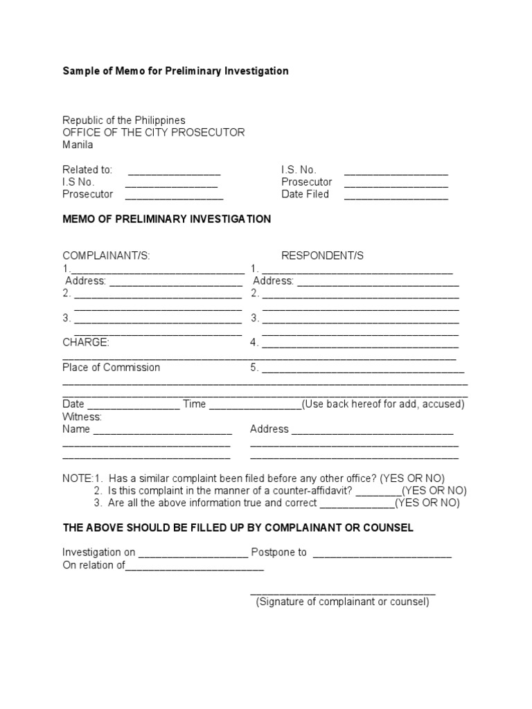 Sample of Memo For Preliminary Investigation | PDF | Affidavit | Common Law