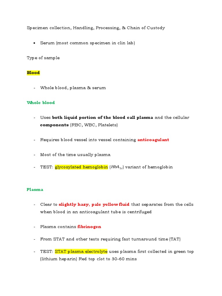 Specimen Collection PDF Blood Plasma Blood