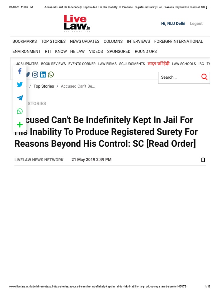 Accused Can't Be Indefinitely Kept in Jail For His Inability To Produce