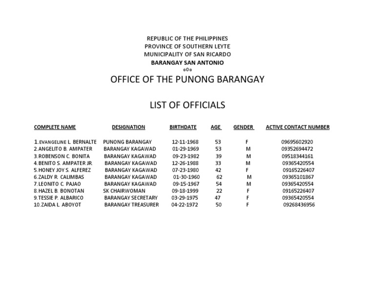 List of Barangay Officials PDF