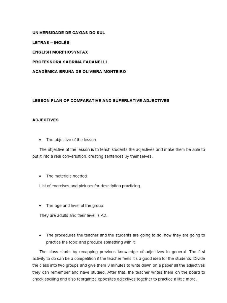 Lesson Plan: Comparative & Superlative Adjectives | PDF | Cognition ...