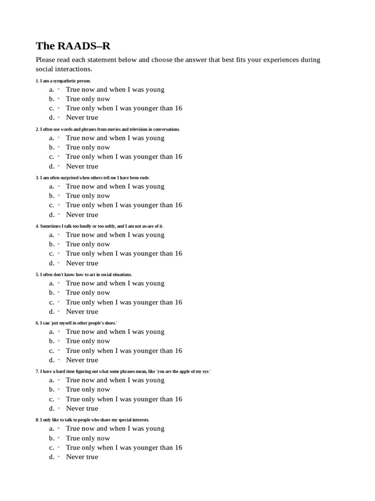 RAADS-R Test: Ritvo Autism Asperger Diagnostic Scale-Revised | PDF ...