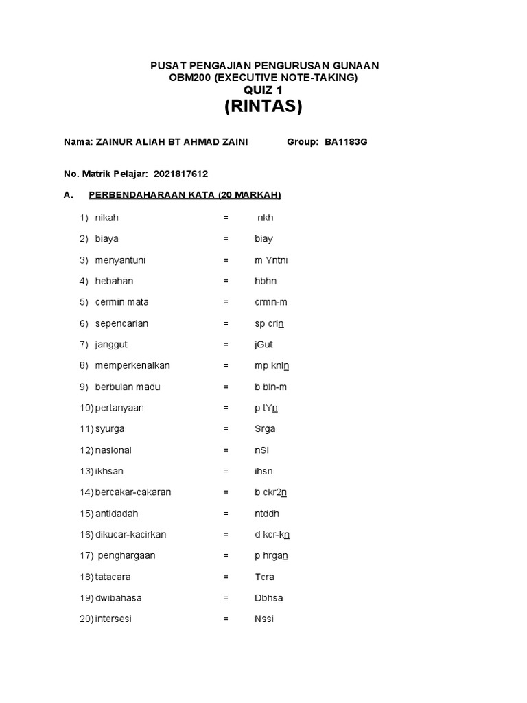Quiz OBM200: Nota Rintas dan Ringkasan | PDF