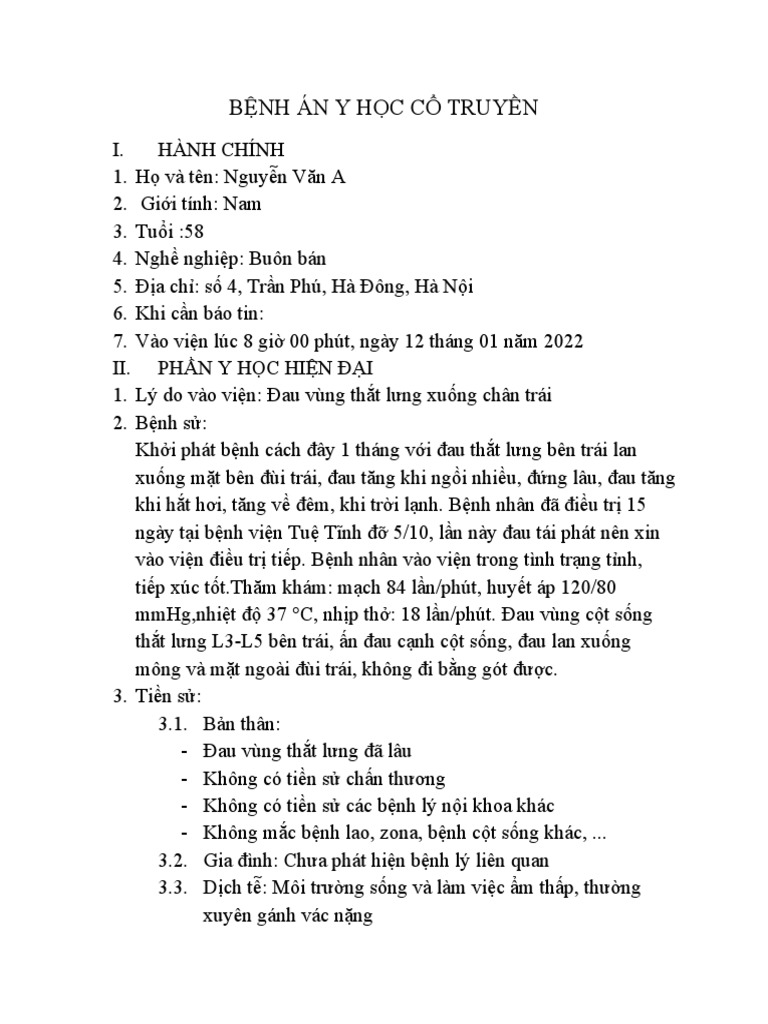BỆNH ÁN Y HỌC CỔ TRUYỀN | PDF