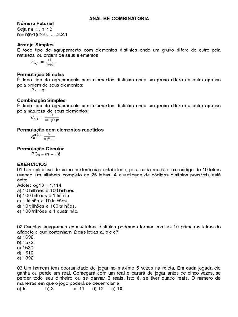 An lise Combinat ria N meros Fatoriais Arranjos Permuta es E 