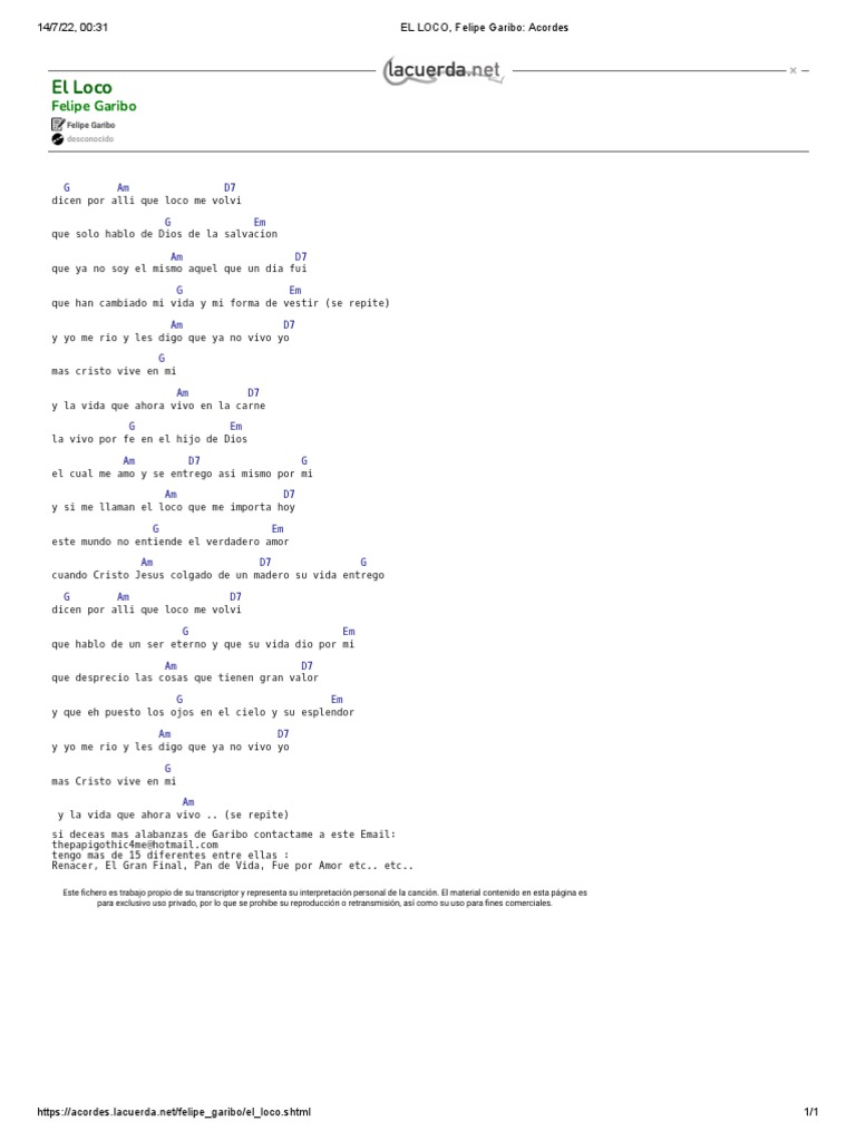 Acordes de la canción cristiana 'El Loco' de Felipe Garibo | PDF ...