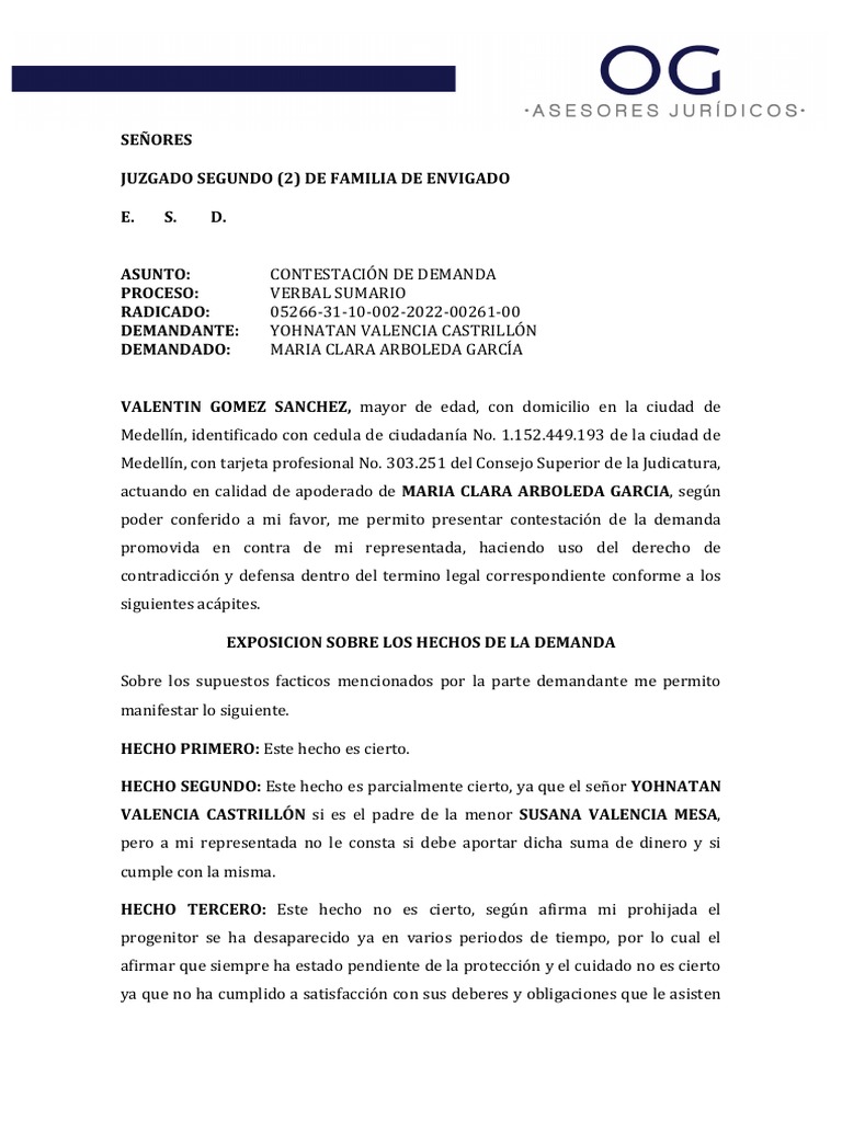Contestación de Demanda Familiar en Envigado | PDF | Derechos de los ...