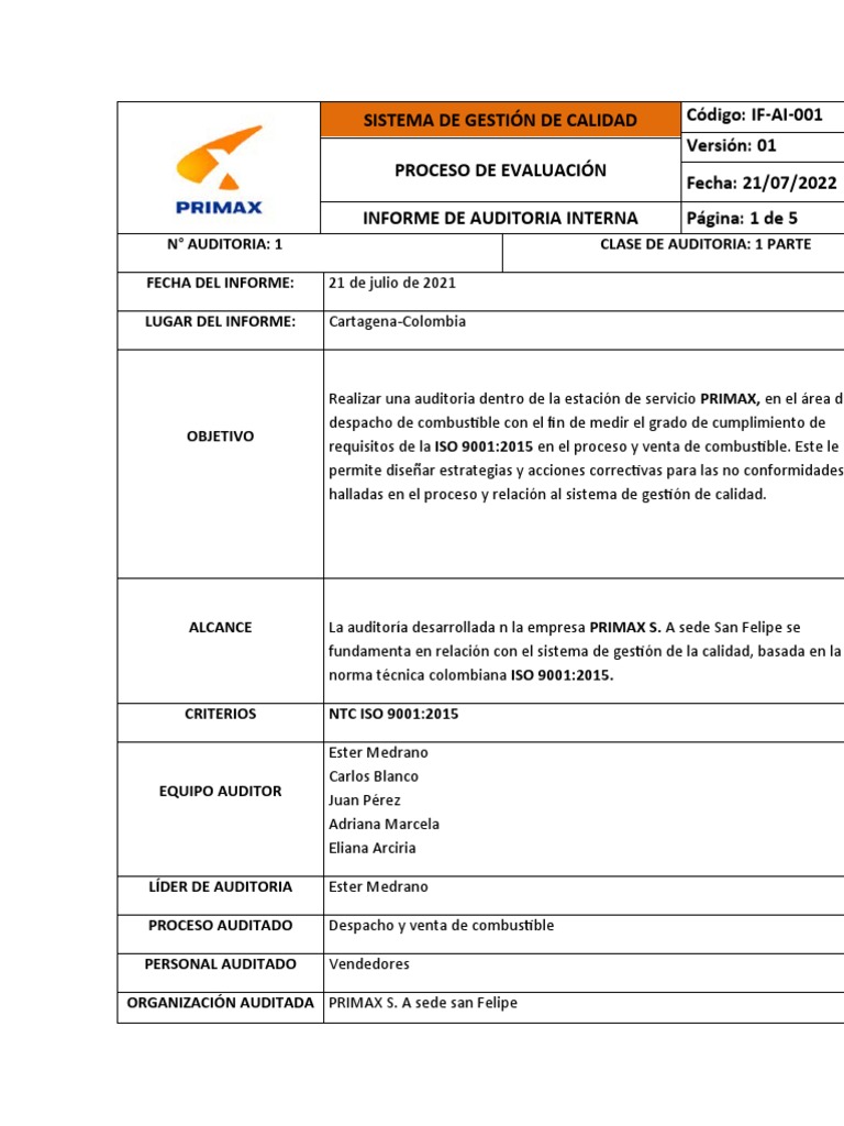 Informe de Auditoría Interna ISO 9001:2015 | PDF | Auditoría | Sistema ...
