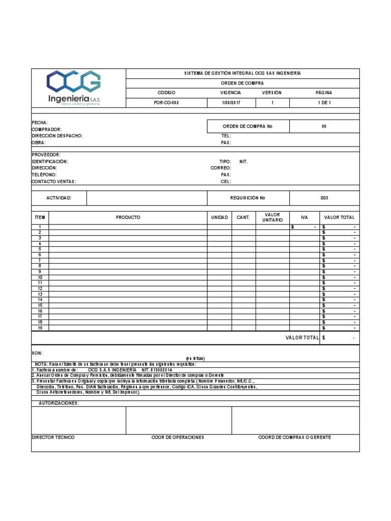 FOR-CO-002 ORDEN DE COMPRA Formato | PDF | Factura | Informática