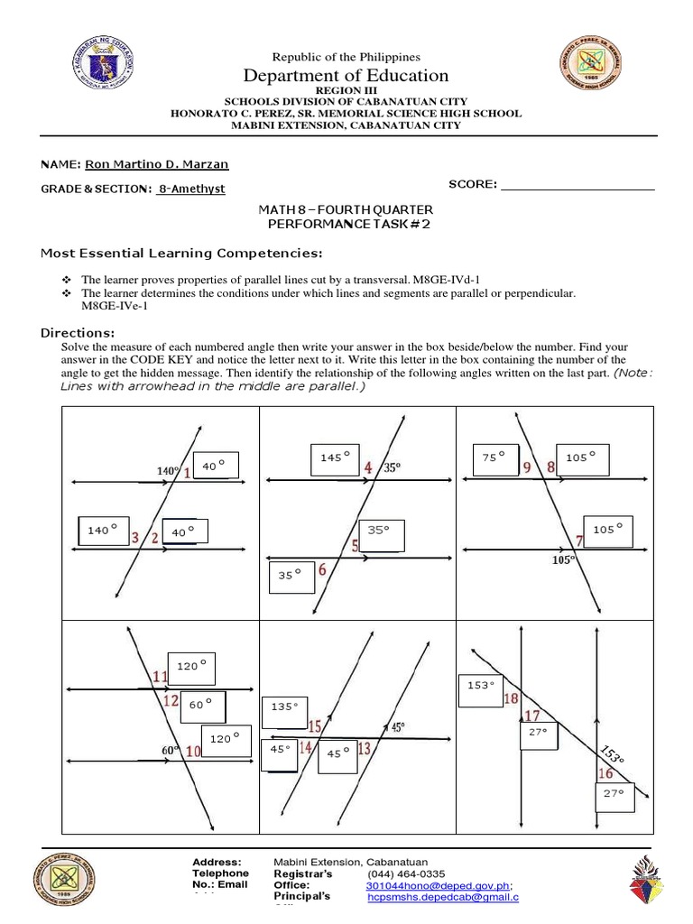 Angle Relationships and Measurements Task | PDF | Angle | Learning
