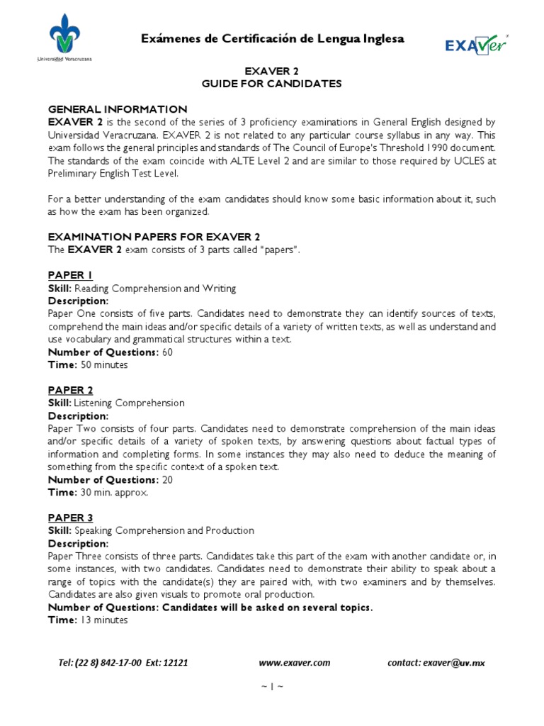 EXAVER 2 Guide for Candidates | PDF | Adjective | Reading Comprehension