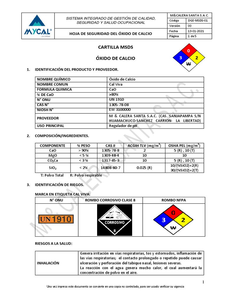 DGE-MSDS-01 Hoja MSDS Óxido de Calcio Ver 00 | Descargar gratis PDF ...