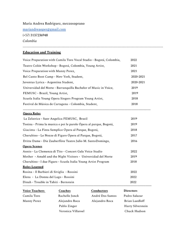 Maria Andrea Rodriguez Resume 2022 | PDF | Opera | Vocal Musical ...