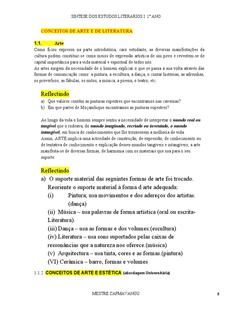 Conceitos De Arte E De Literatura El1 Ano I Pdf Est Tica Romantismo