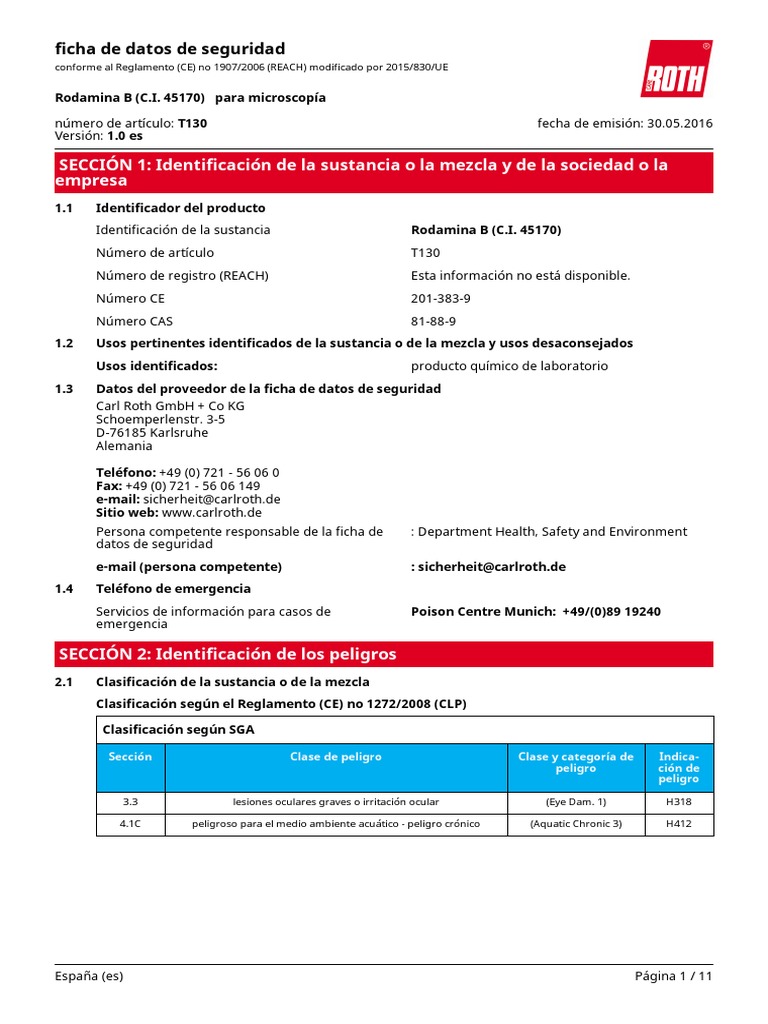 Ficha de Seguridad: Rodamina B | PDF | Toxicidad | Ciencias fisicas
