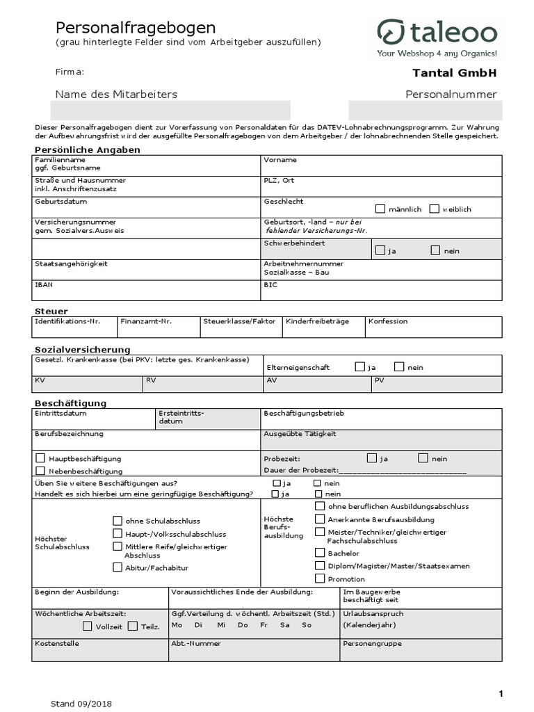 Personalfragebogen Taleoo PDF