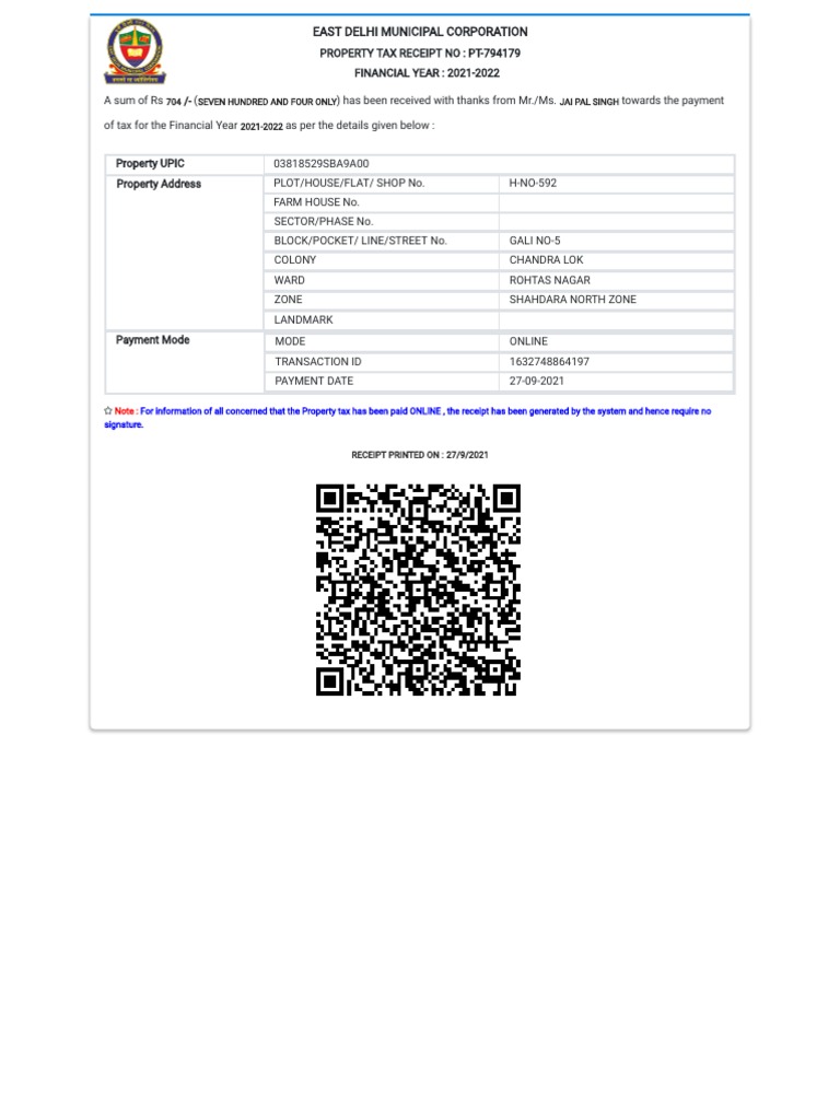 East Delhi 2021-22 Property Tax Receipt | PDF