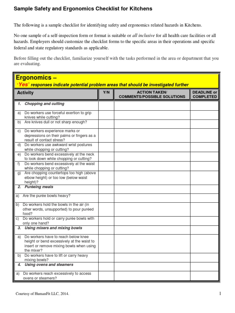 Worker Safety Kitchen Safety Checklist Nov 2014 PDF Refrigerator Ac Power Plugs And Sockets