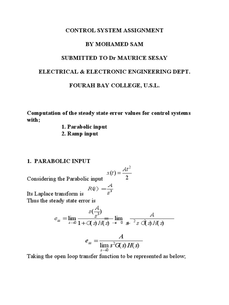 Computation of Steady State Error of Various Types Control Systems ...