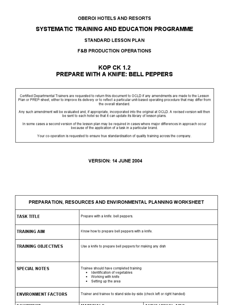 KOP CK 01.2 Prepare with a knife bell peppers PDF Lesson Plan Cognitive Science