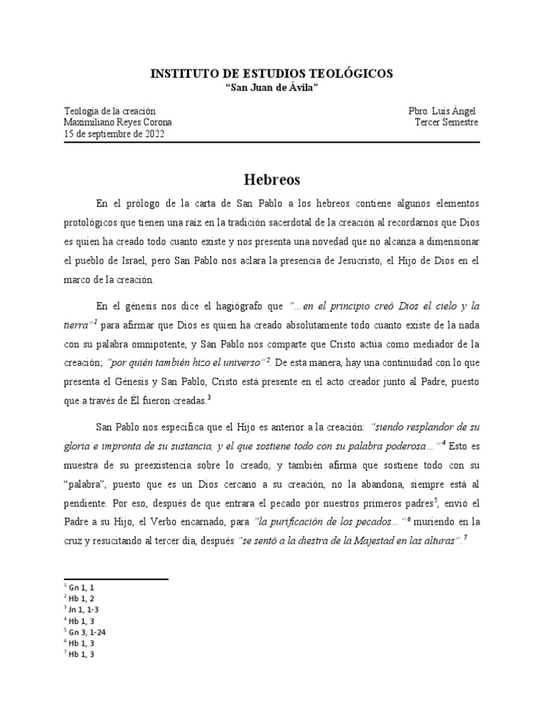 Comentario de La Carta A Los Hebreos PDF Jesús Pablo el apóstol