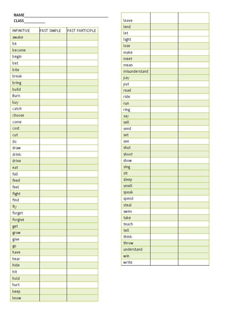 Test Irregular Verbs PDF