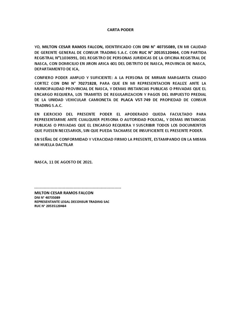 Carta Poder Pago Impuesto Vehicular | PDF