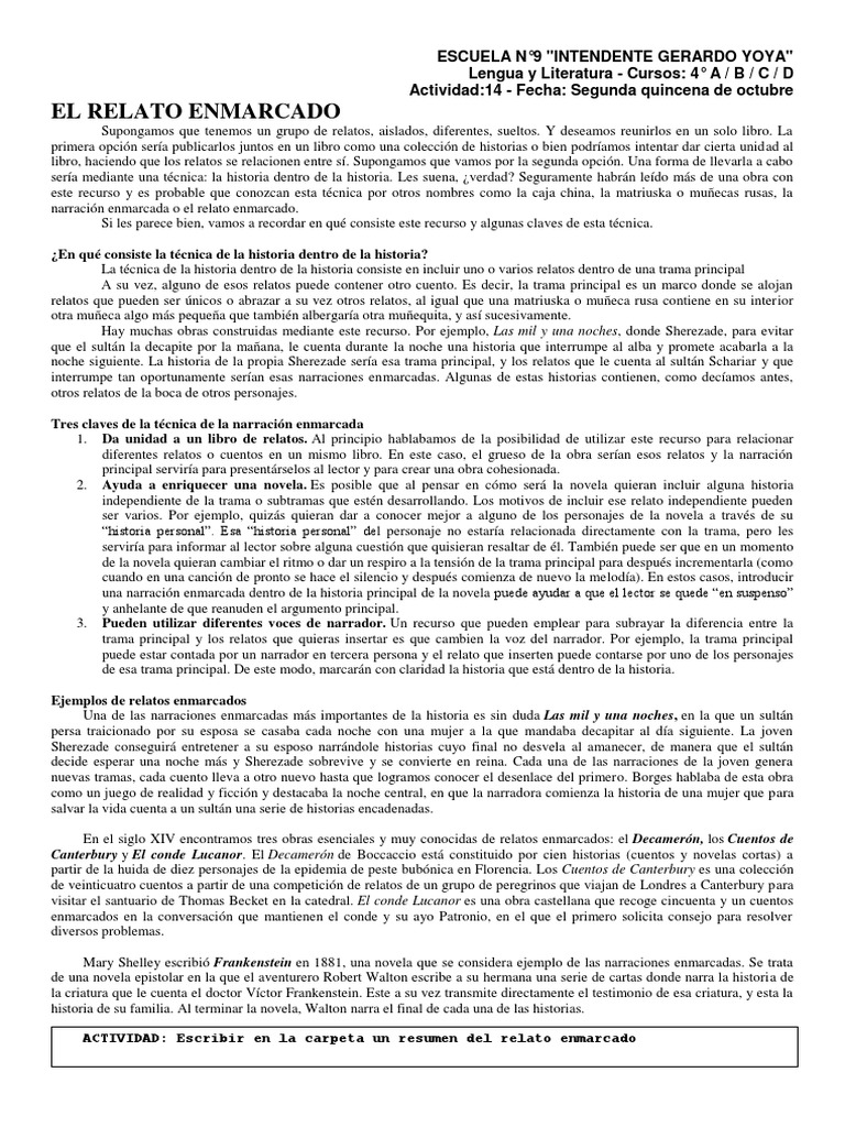 2021 YOYA 4to Ano ACTIVIDAD 14 El Relato Enmarcado | PDF | Narración ...