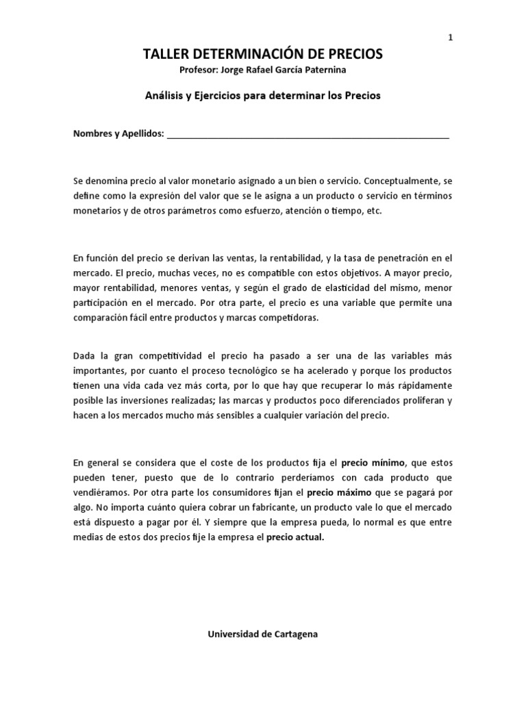 Taller sobre Determinación de Precios | PDF | Precios | Mercado (economía)