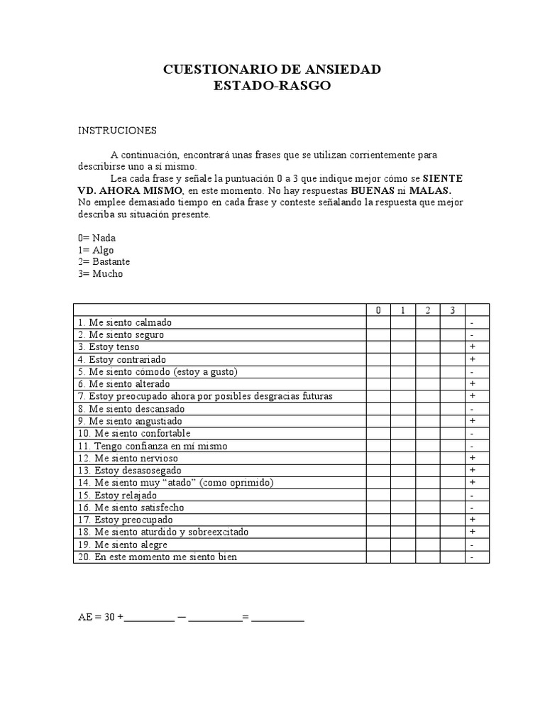 Cuestionario de Ansiedad Estado-Rasgo (STAI) | PDF