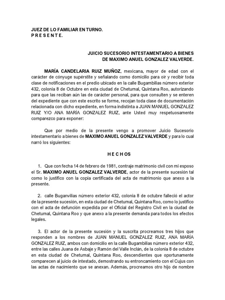 Demanda - Juicio Sucesorio Intestamentario. | PDF | Voluntad y ...