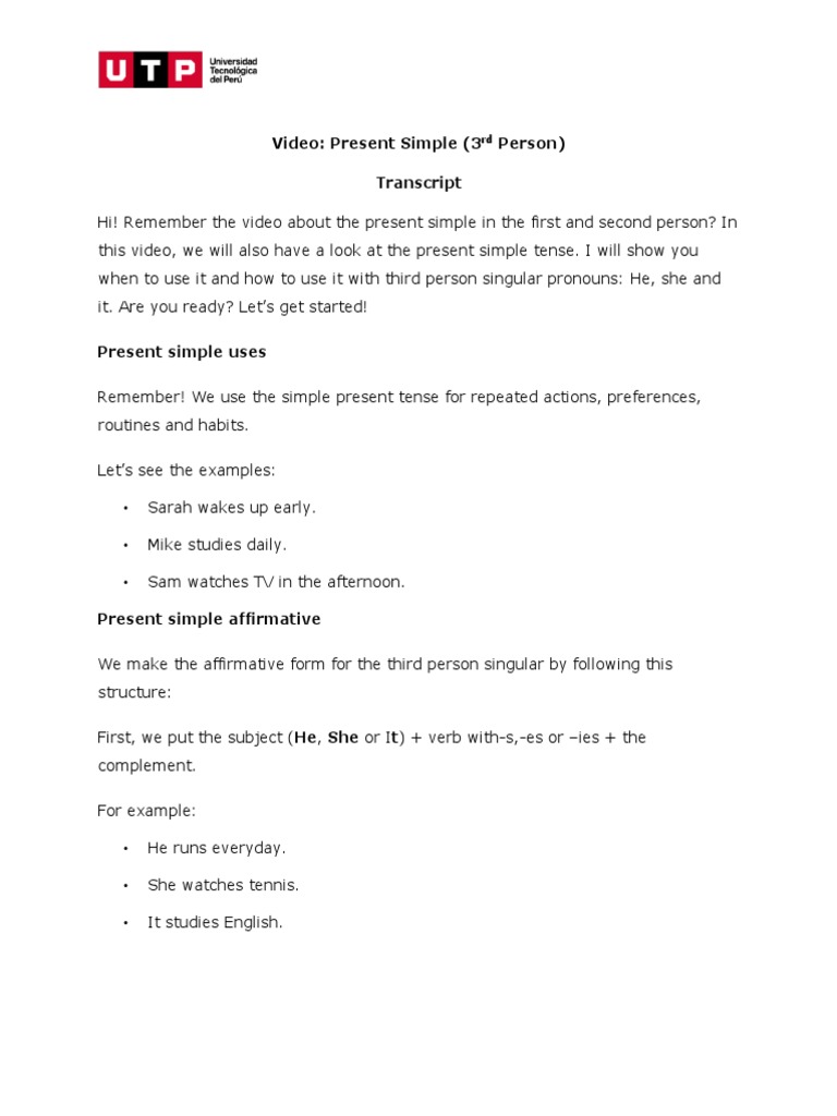 Week 11 Transcript Present Simple 3rd Person PDF Question Verb