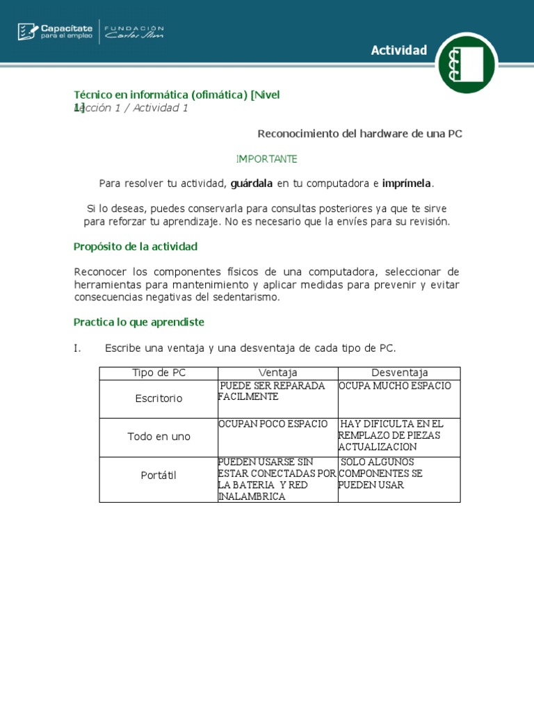 Actividad 01 Informatica | PDF | Hardware de la computadora | Sistema ...