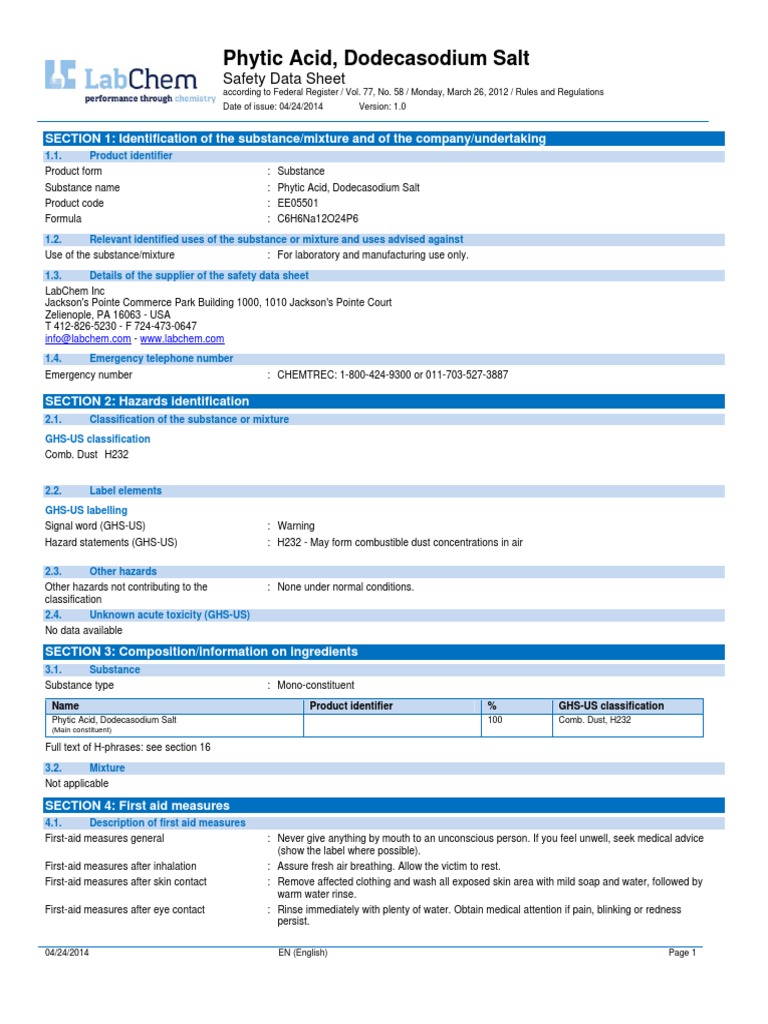 MSDS Phytic Acid (Labchem) PDF Toxicity Firefighting