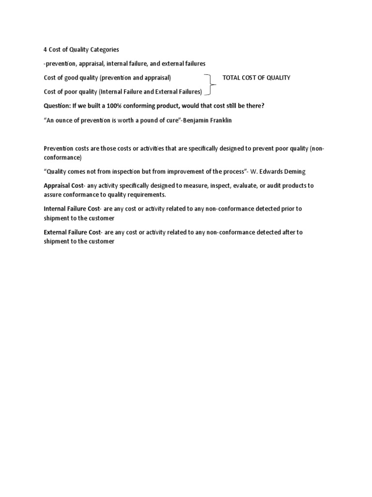 4 Cost of Quality Categories PDF Audit Business Economics