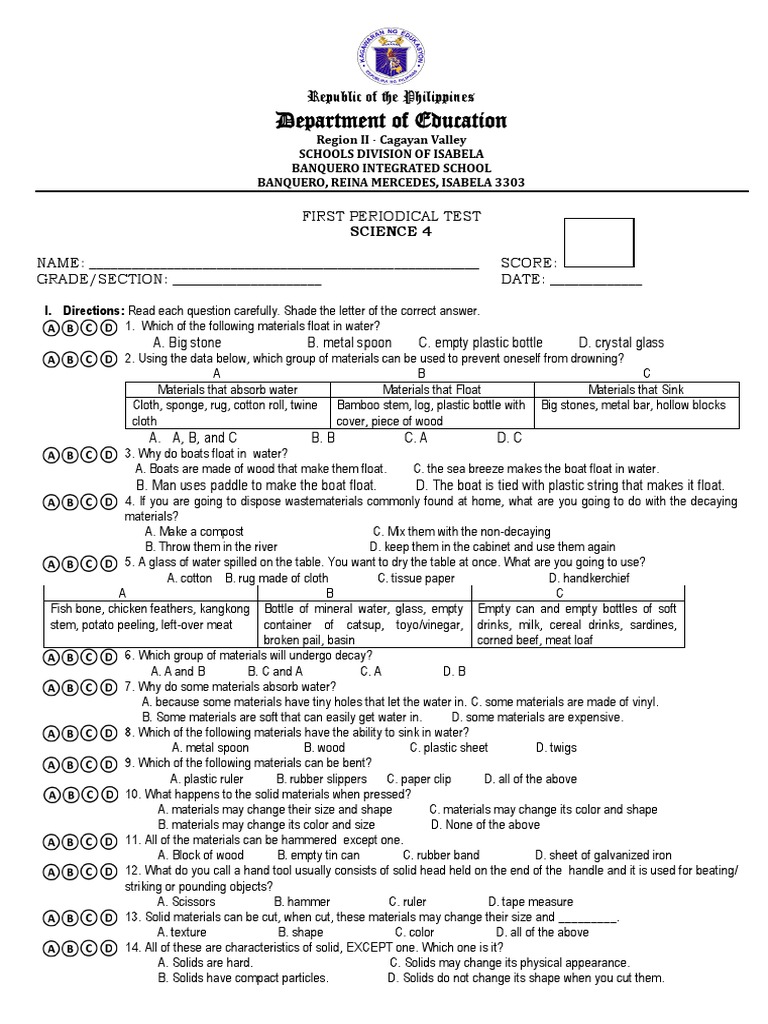 Grade 4 Science 1st Periodical Test | PDF | Mixture | Homogeneity And ...