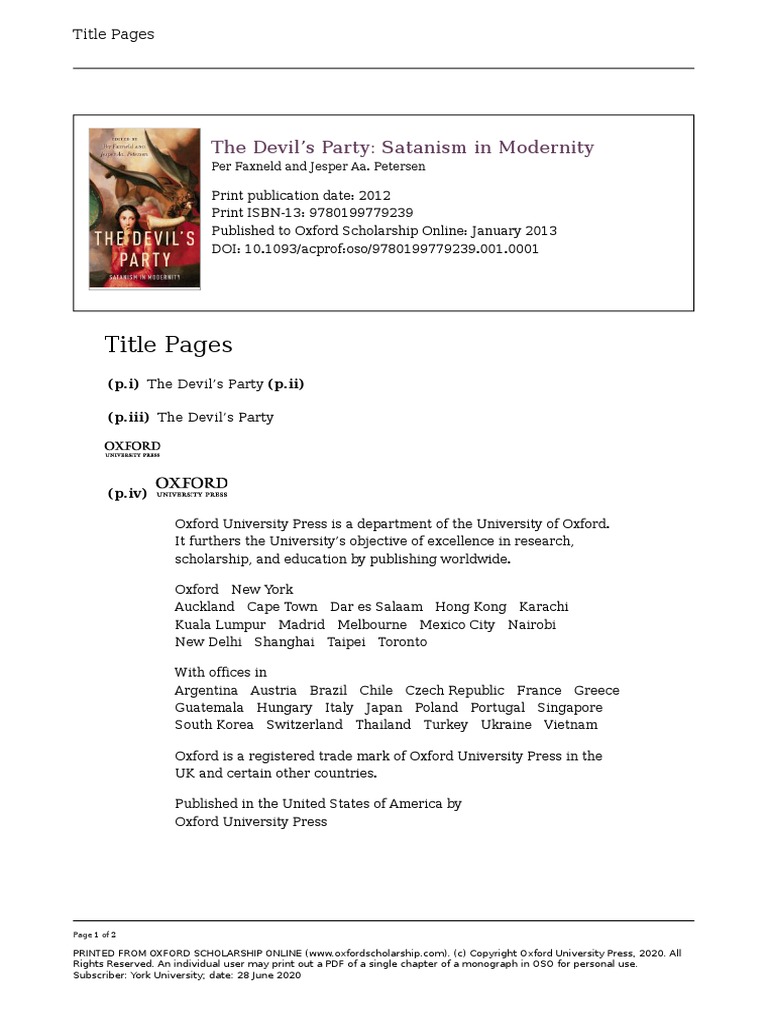 The Devils Party Satanism in Modernity (Per Faxneld (Editor) ) PDF Satanism Western Esotericism